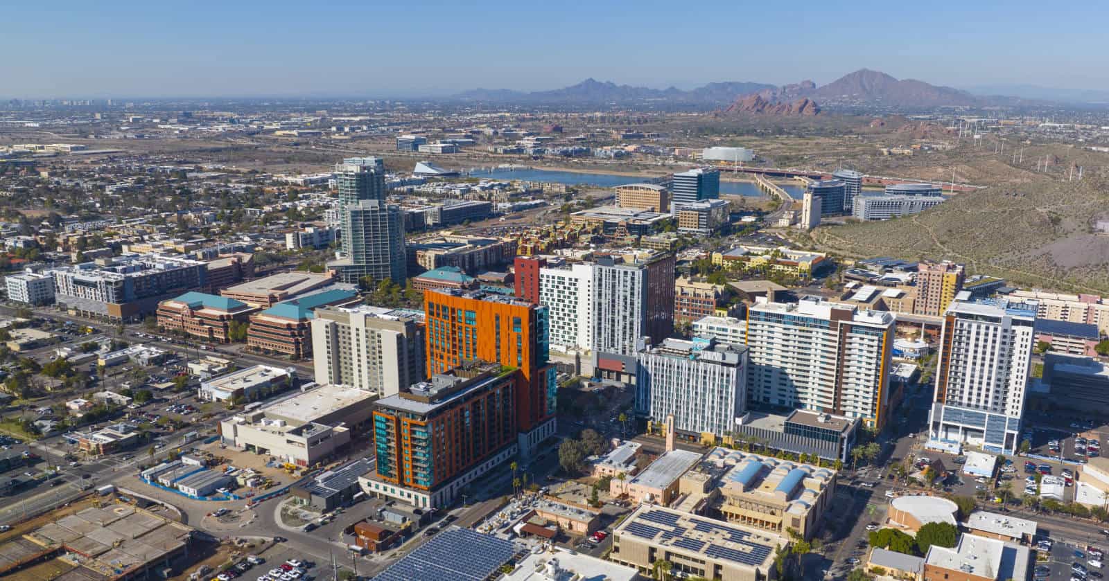 Aerial view of downtown Tempe AZ and ASU for Tempe Digital Marketing services provided by Phoenix Online Media