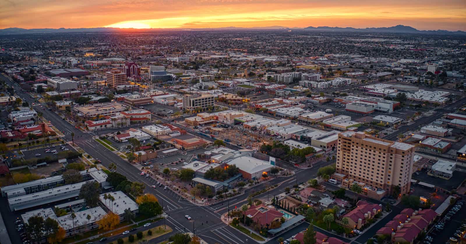 Aerial view of sunrise over Mesa, AZ