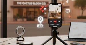 Phone camera on stand with video app open, laptop and lighting on table across from business for viral video filming on Reels & TikTok